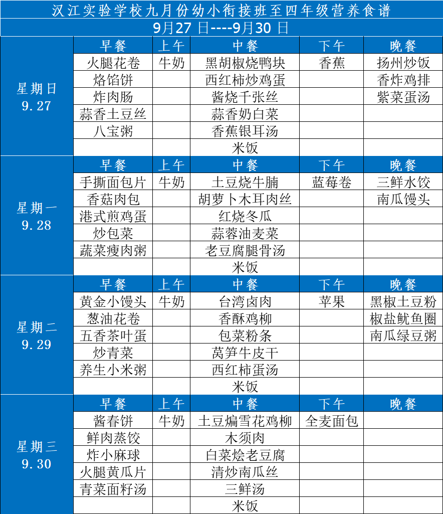 漢江實驗學(xué)校2020年9月27日-30日學(xué)生食譜公示