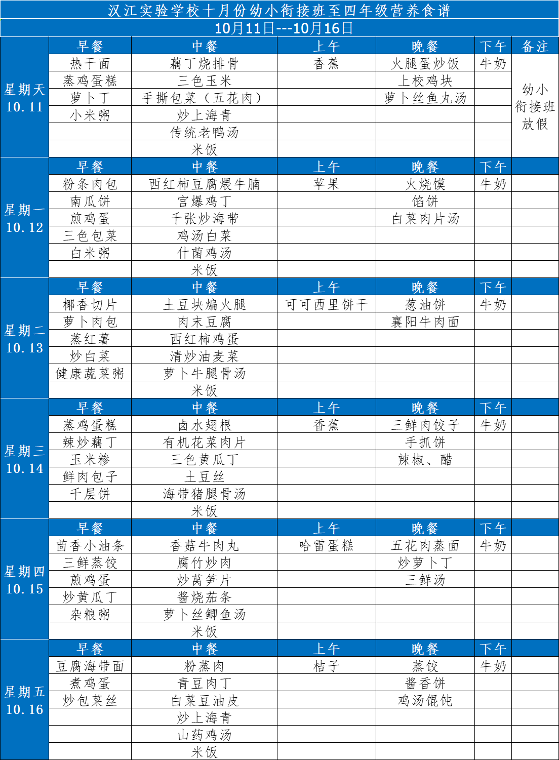 漢江實驗學(xué)校2020年10月11日-16日學(xué)生食譜公示