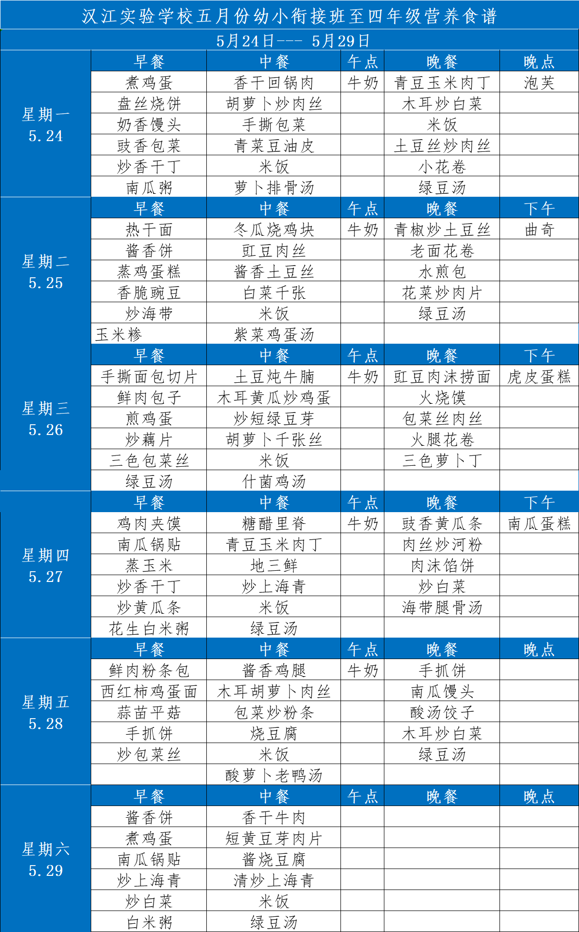 漢江實驗學(xué)校2021年5月24日-2021年5月29日學(xué)生食譜公示